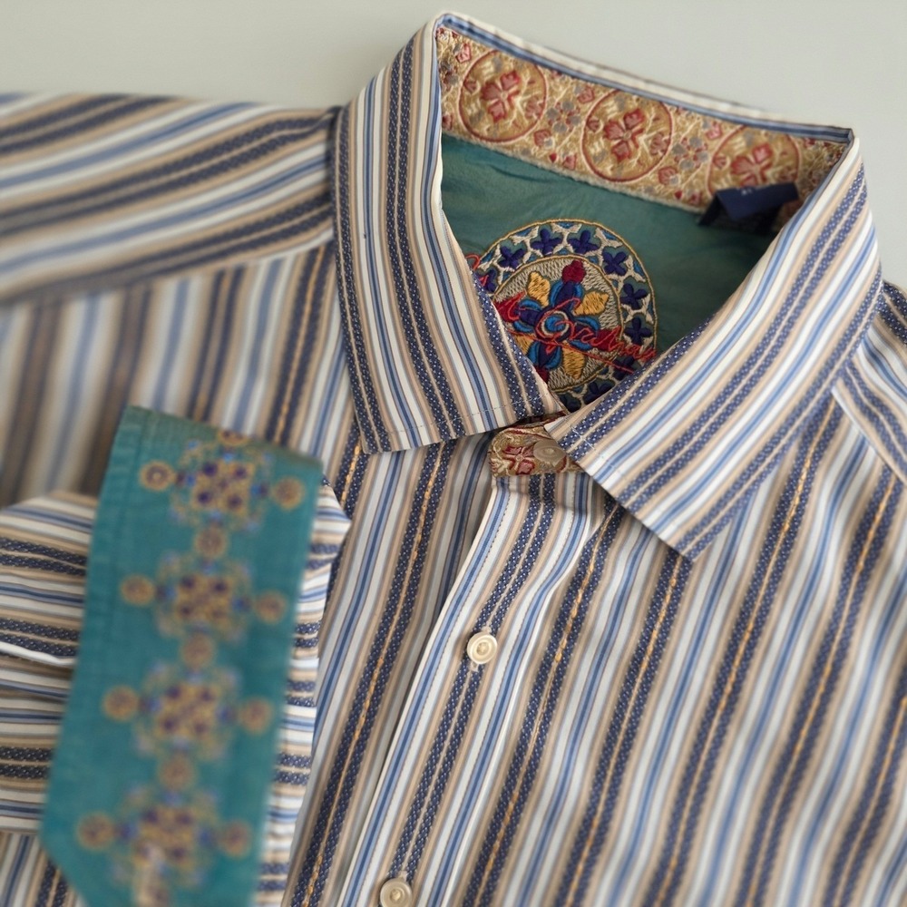 Robert Graham Button Down Mens XL Blue Tan Striped‎ Embroidered Cuffs RN81913